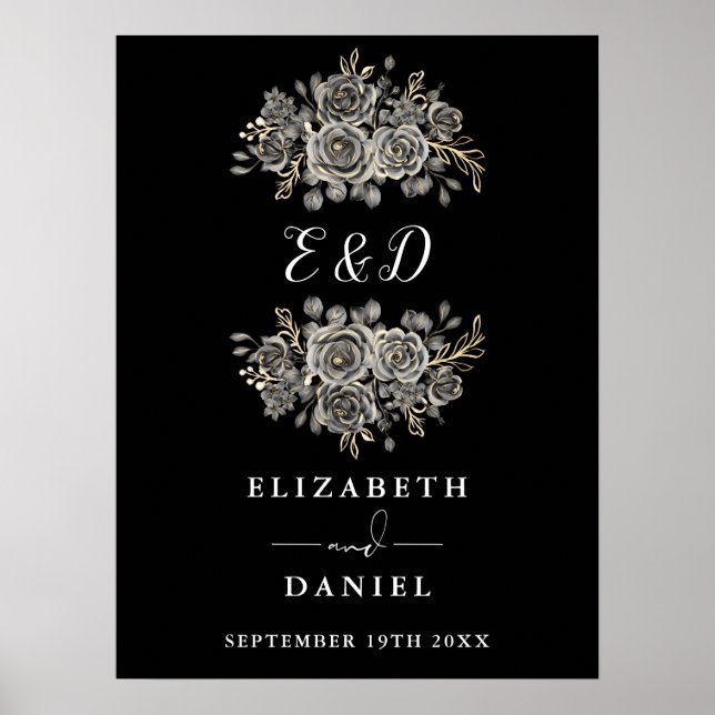Elegant gotisk blomster monogram bröllopsskylt poster (Framsidan)
