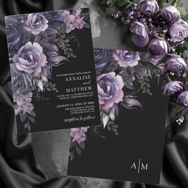 Elegant gotisk blomster svart bröllop inbjudningar (Elegant Gothic Floral Black Wedding Invitation)