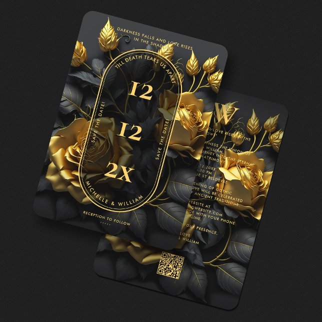 Elegant gotisk bröllops boho svarta guldrosor spara datumet (Elegant Gothic Boho Black Gold Wedding QR Save The Date
)