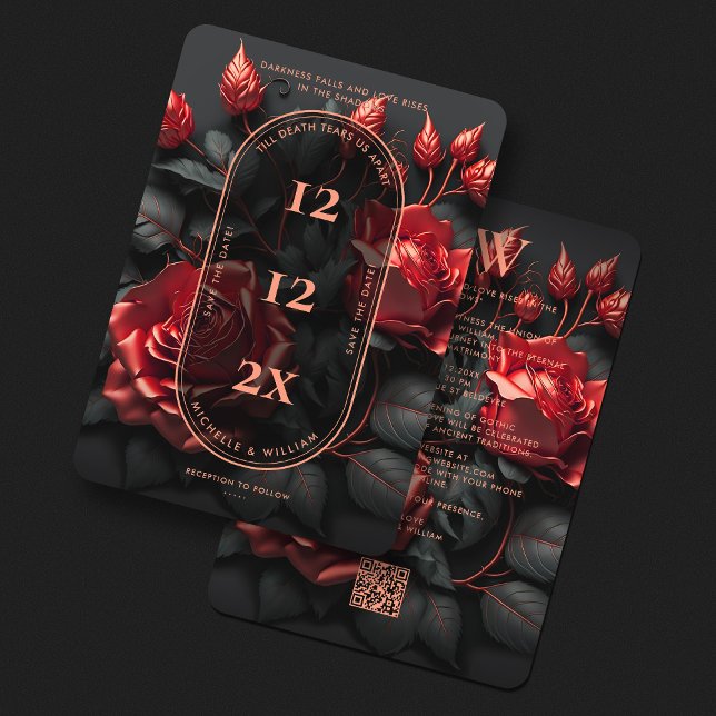 Elegant gotisk bröllopsblomma svarta röda rosor spara datumet (Elegant Simple Gothic Wedding Floral Black Red Save The Date
)