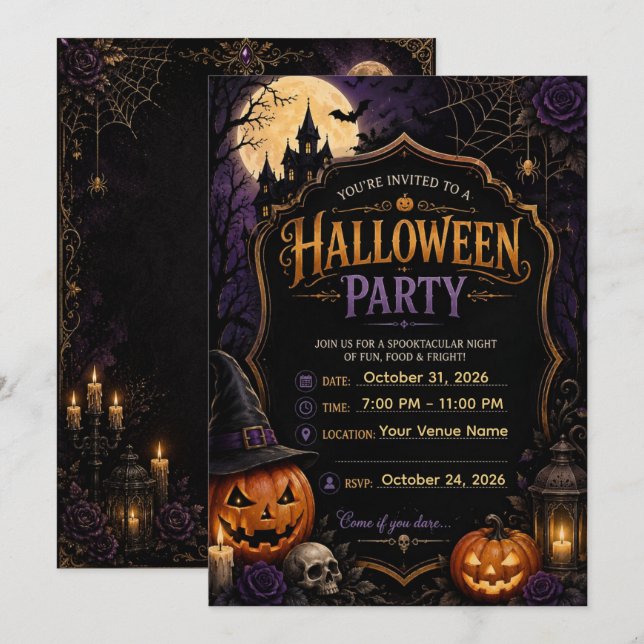 🎃 Elegant gotisk Halloween-soaré-inbjudan |  Inbjudningar (Fram/baksida)