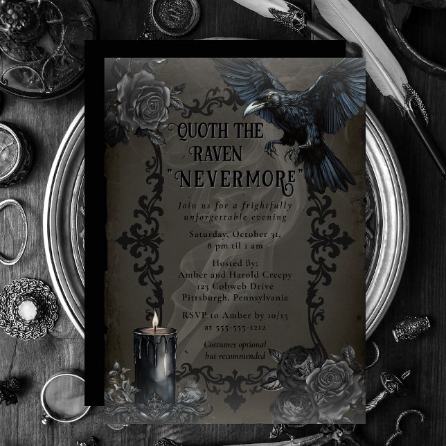 Elegant gotisk korp Nevermore Halloween-fest Inbjudningar (Elegant Gothic Nevermore Halloween Party raven invitation inspired by Edgar Allan Poe)