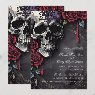 Elegant gotisk skalle & rosbröllop inbjudningar