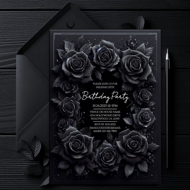 Elegant gotisk svarta rosor födelsedagsinbjudan inbjudningar (all black affair dark gothic vampy vampire halloween iorthday party invitation, moody witchy invite.)