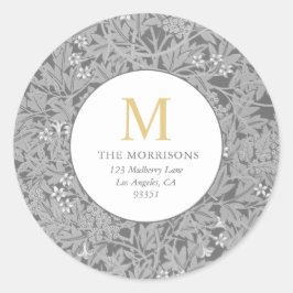Elegant grå blommig guldmonogram returadress runt klistermärke