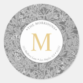 Elegant grå blommig guldmonogram returadress runt klistermärke
