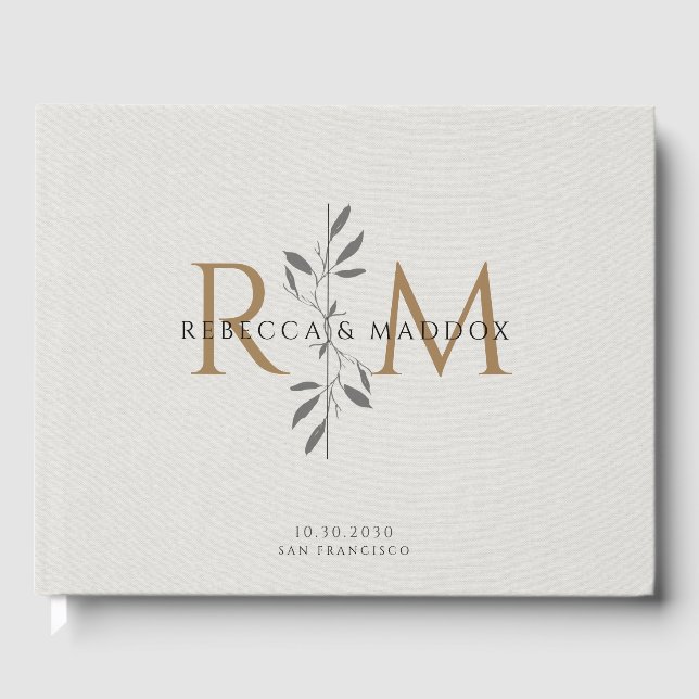 Elegant grå botanisk monogram bröllop gästböcker (Framsida)