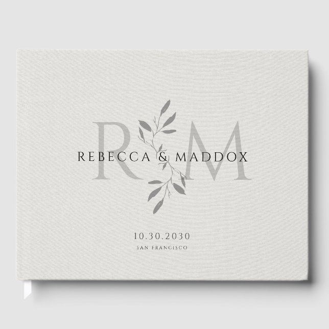 Elegant grå botanisk monogram bröllop gästböcker (Framsida)