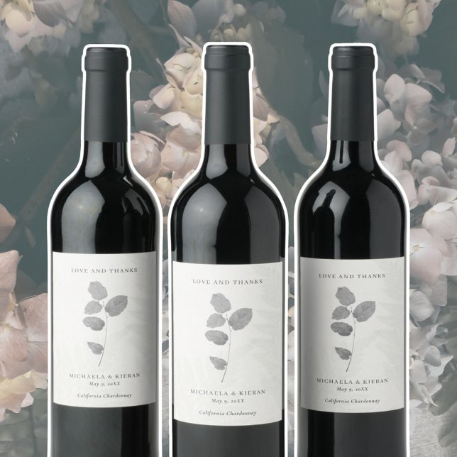 Elegant Grå Botanisk Tacksamhet Bröllop Vinflaska Etikett (Gray Botanical Wedding Wine Labels )