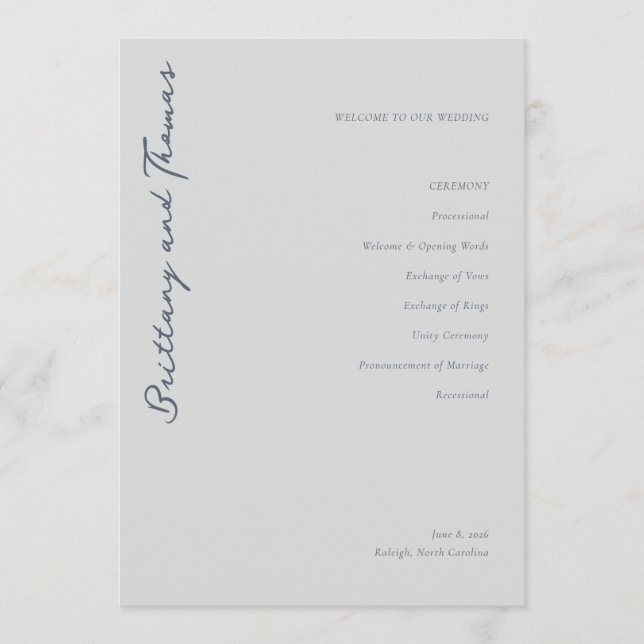 Elegant grå bröllopsceremoni-program program (Framsida)