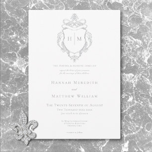 Elegant Grå Chinoiserie Fågel & Vapen Wedding Inbjudningar
