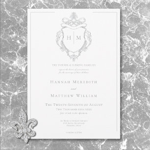 Elegant Grå Chinoiserie Fågel & Vapen Wedding Inbjudningar