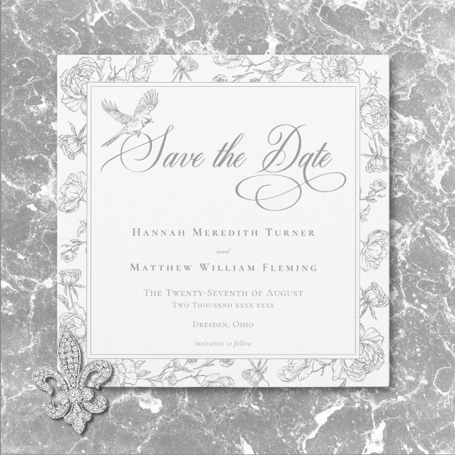 Elegant Grå Chinoiserie Fågel & Vapen Wedding Spara Datumet (Elegant Gray Chinoiserie Bird & Crest Wedding Save The Date)