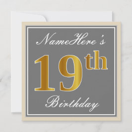 Elegant, Grå, Falsk Guld 19-årsdag + Namn Inbjudningar