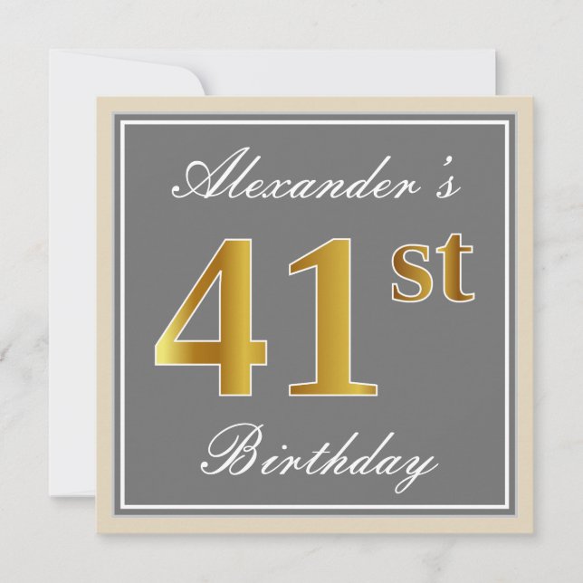 Elegant, Grå, Falsk Guld 41-årsdag + Namn Inbjudningar (Framsida)