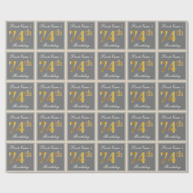 Elegant, Grå, Falsk Guld 74-årsdag + Namn Presentpapper (Platt)