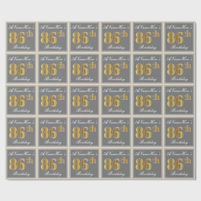 Elegant, Grå, Falsk Guld 86-årsdag + Namn Presentpapper (Platt)