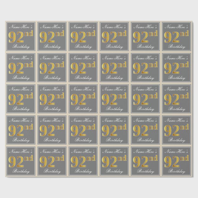 Elegant, Grå, Falsk Guld 92-årsdag + Namn Presentpapper (Platt)