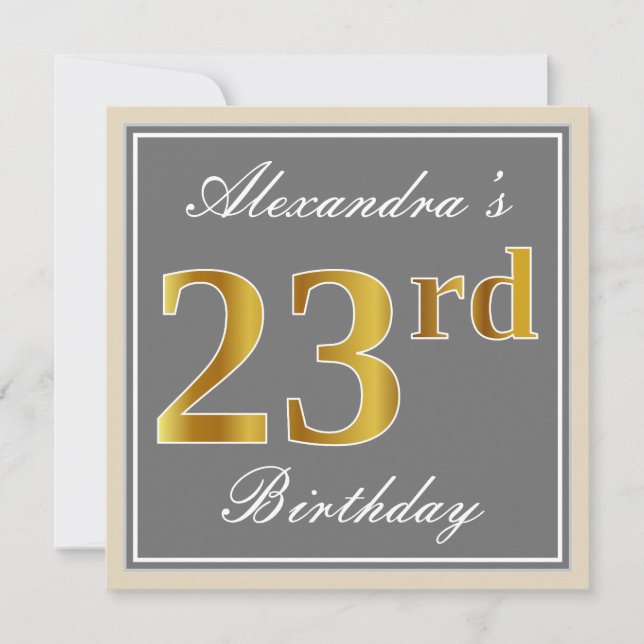 Elegant, Grå, Falskt Guld 23-årsdag + Namn Inbjudningar (Framsida)