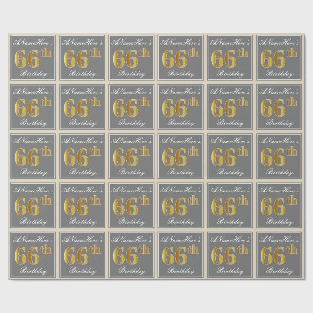 Elegant, Grå, Falskt Guld 66-årsdag + Namn Presentpapper (Platt)