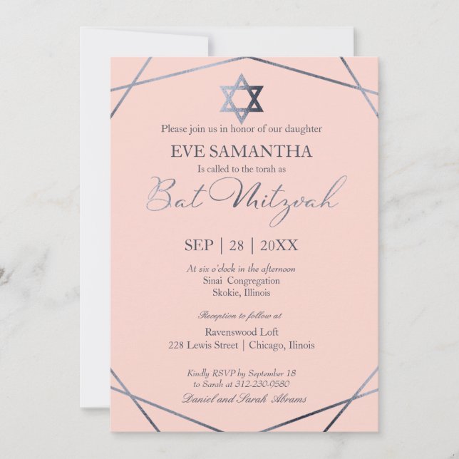 Elegant grå folie geometrisk Bat Mitzvah-inbjudan Inbjudningar (Framsida)