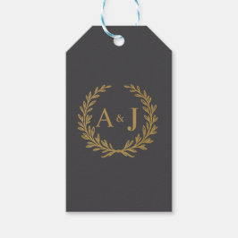 Elegant grå guld lagerkrans monogram bröllop presentetikett