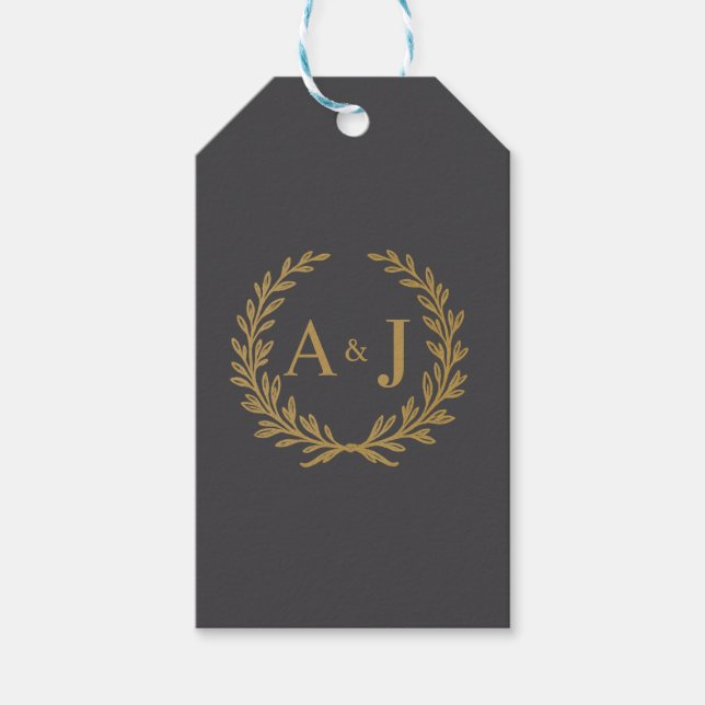 Elegant grå guld lagerkrans monogram bröllop presentetikett (Framsidan)