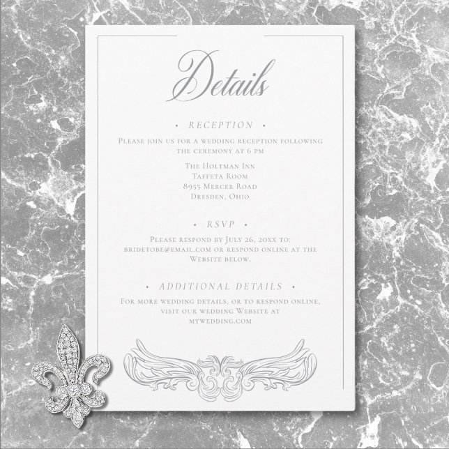 Elegant grå kineseri fågelkamm Bröllopsdetalj Tilläggskort (Elegant Gray Chinoiserie Bird Crest Wedding Detail Enclosure Card)