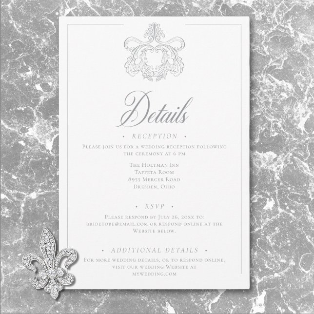 Elegant grå kineseri fågelkammbröllopsdetalj tilläggskort (Elegant Gray Chinoiserie Bird Crest Wedding Detail Enclosure Card)
