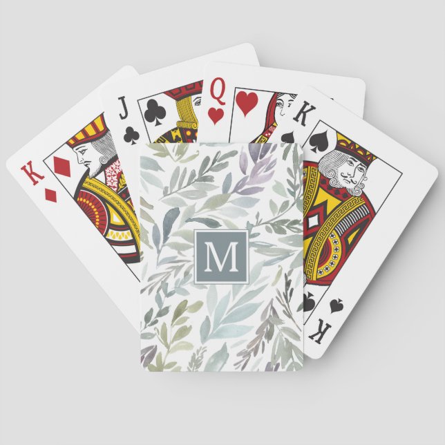 Elegant grå ljust gröna blad akvarell casinokort (Baksidan)
