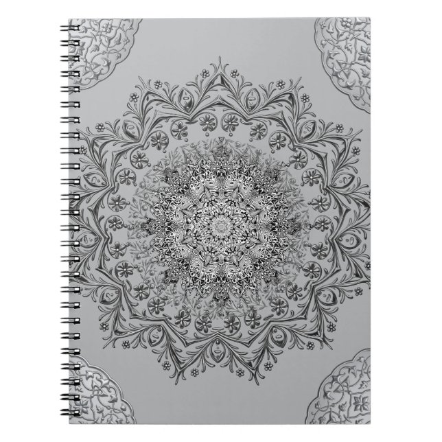 Elegant grå mandala boho spiral anteckningsbok (Framsidan)