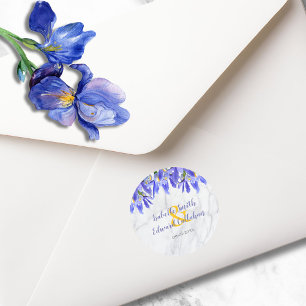 Elegant grå marmor vattenfärg blå blomsterdesign runt klistermärke