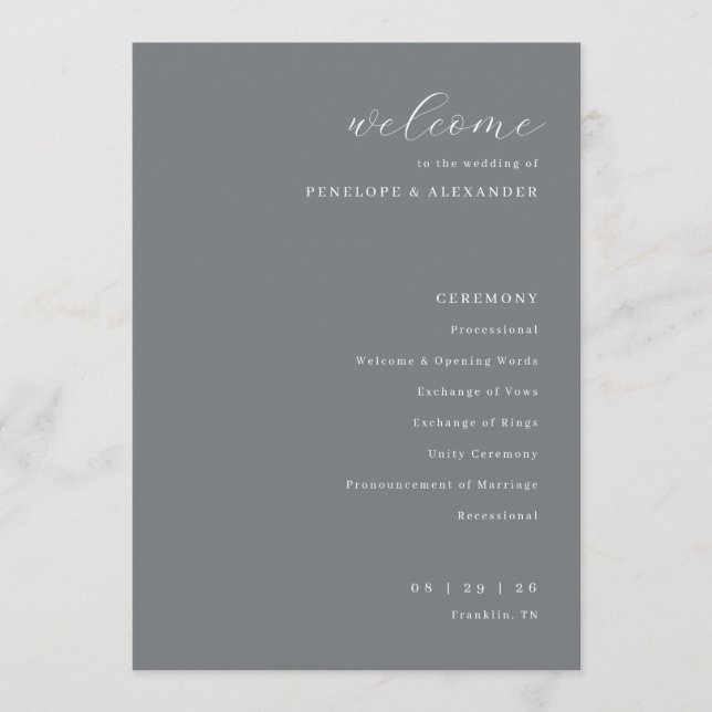 Elegant grå minimalistisk vigselceremoni program (Framsida)