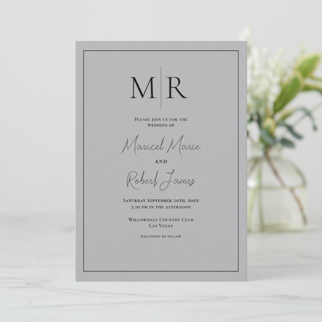 Elegant grå modern vigselring med monogram inbjudningar (Stående Fram)