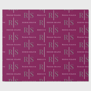Elegant grå monogram & vit namn, vinröd presentpapper