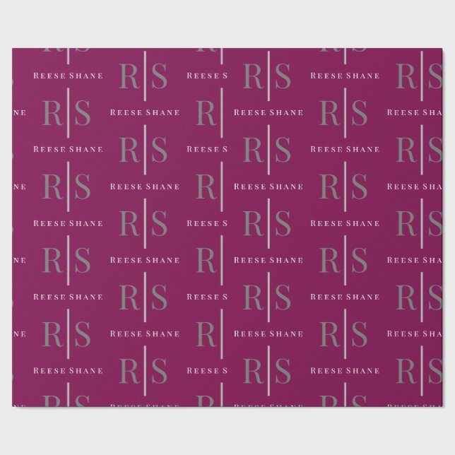 Elegant grå monogram & vit namn, vinröd presentpapper (Seam)