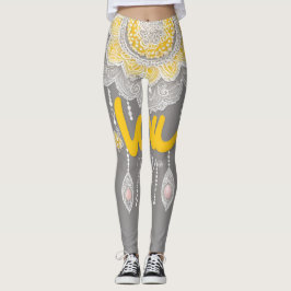 Elegant grå och gul mandala spets fusion AI konst  Leggings