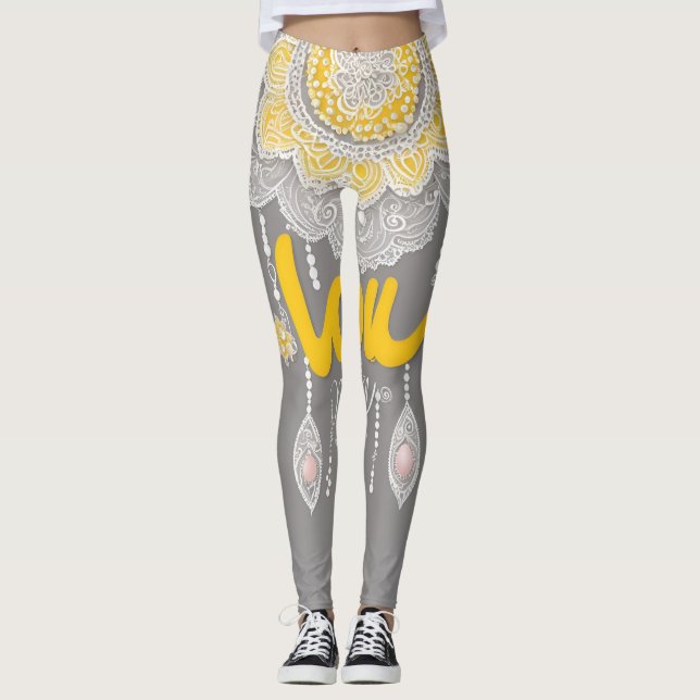 Elegant grå och gul mandala spets fusion AI konst  Leggings (Framsida)