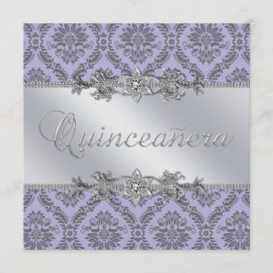 Elegant grå och lila damask Quinceanera Inbjudningar