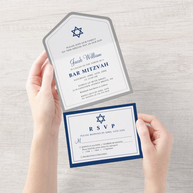 Elegant Grå och Marinblå Bar Mitzvah Allt-i-ett (Avrivbar del)