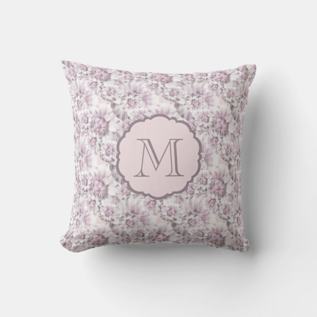Elegant grå och rosa blommönster monogram kudde (Framsida)