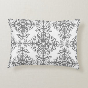 Elegant grå och vit blomster- vintage stil damasku prydnadskudde
