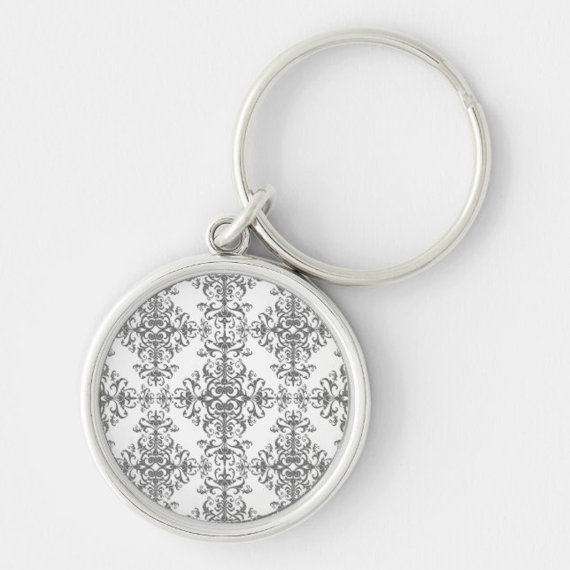 Elegant grå och vit blomsterdamask viktoriansk kon rund silverfärgad nyckelring (Framsidan)