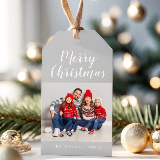 Elegant grå script jul foto presentetikett (Modern Christmas Photo Gift Tags)