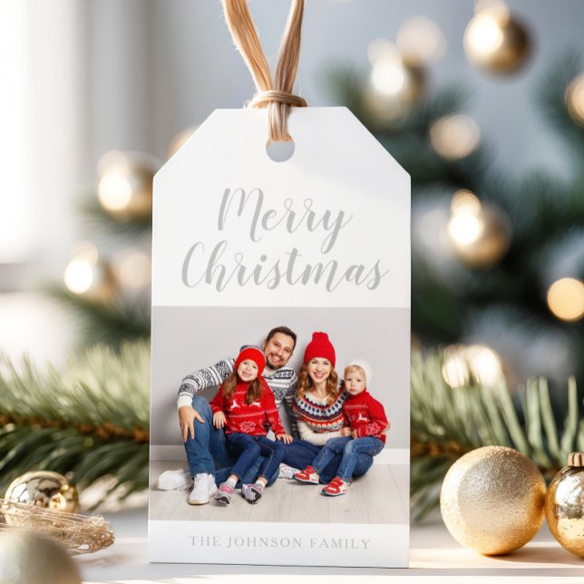 Elegant grå script jul foto presentetikett (Elegant Gray Script Photo Christmas Gift Tags)
