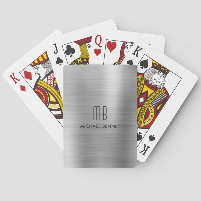 Elegant grå silver borstad metallisk monogram casinokort (Baksidan)
