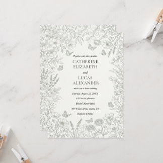 Elegant grå vildblomma Linje Konst Bröllop Inbjudningar