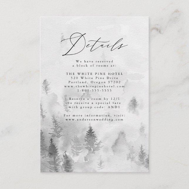 Elegant grå vinter skog bröllopps detaljer tilläggskort (Framsida)