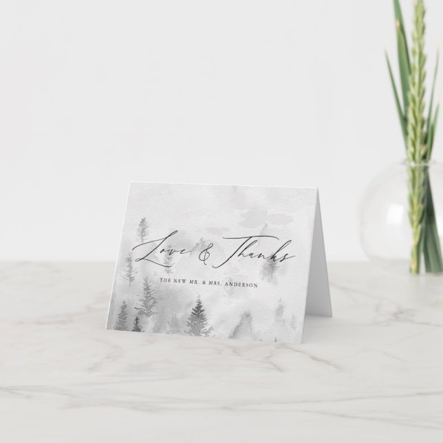 Elegant grå vinter skog kärlek & tack bröllop kort (Framsida)