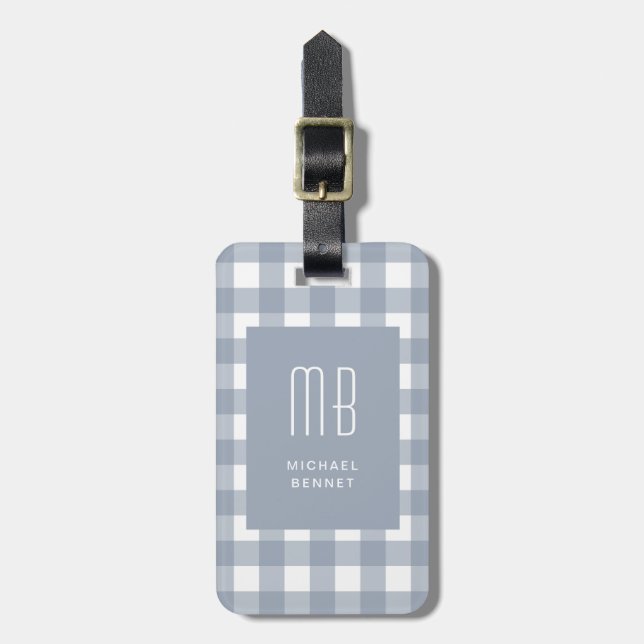 Elegant gråblå gingham-monogram bagagebricka (Vertikal Framsida)